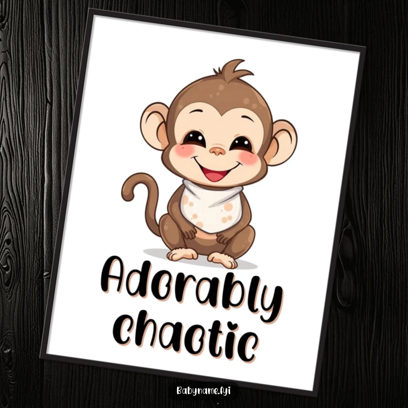 Funny smiling baby monkey wearing a bib, covered in playful smudges, captured in a moment of adorable mischief for digital art prints.