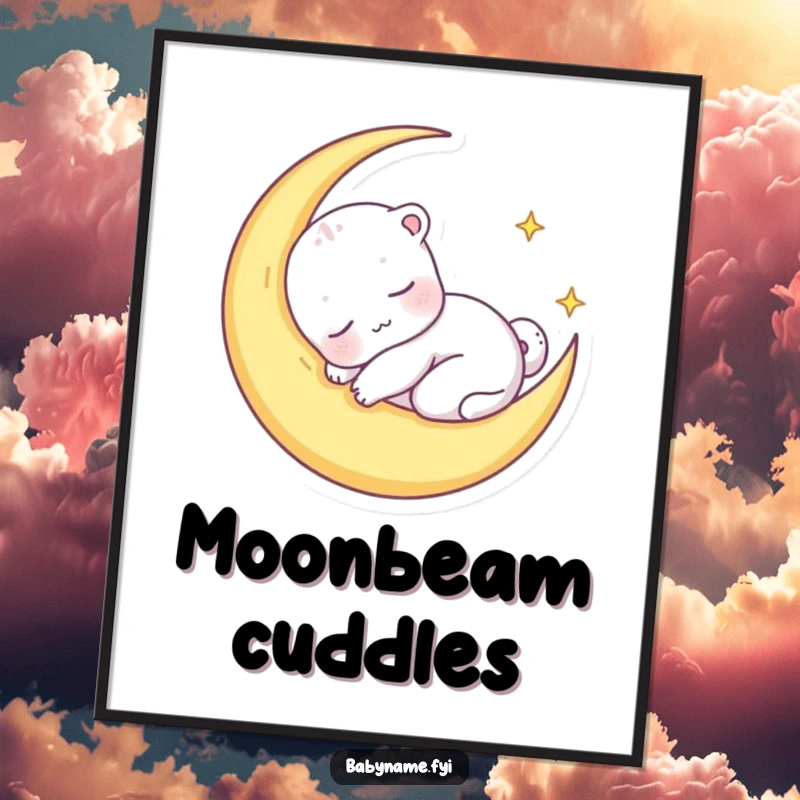 Funny digital art print of a sleepy baby animal character nestled in a crescent moon, a peaceful and humorous piece for decor.