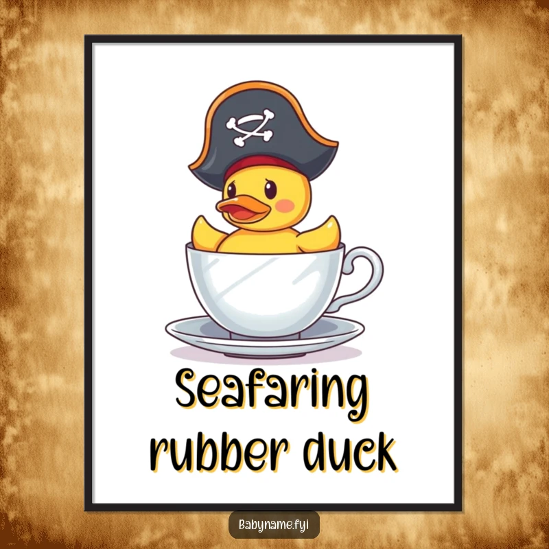 Funny Digital Art Print: A tiny pirate rubber duck bravely sails in a teacup, embodying a humorous quest and nautical adventure.
