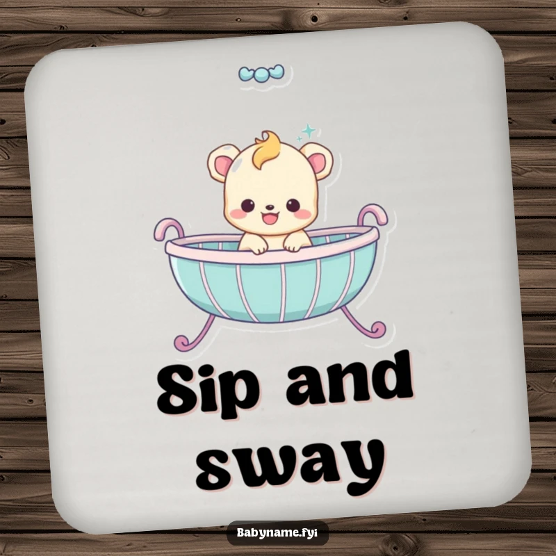 Funny baby animal character bouncing happily inside a cradle, protecting surfaces with this cute funny coaster.