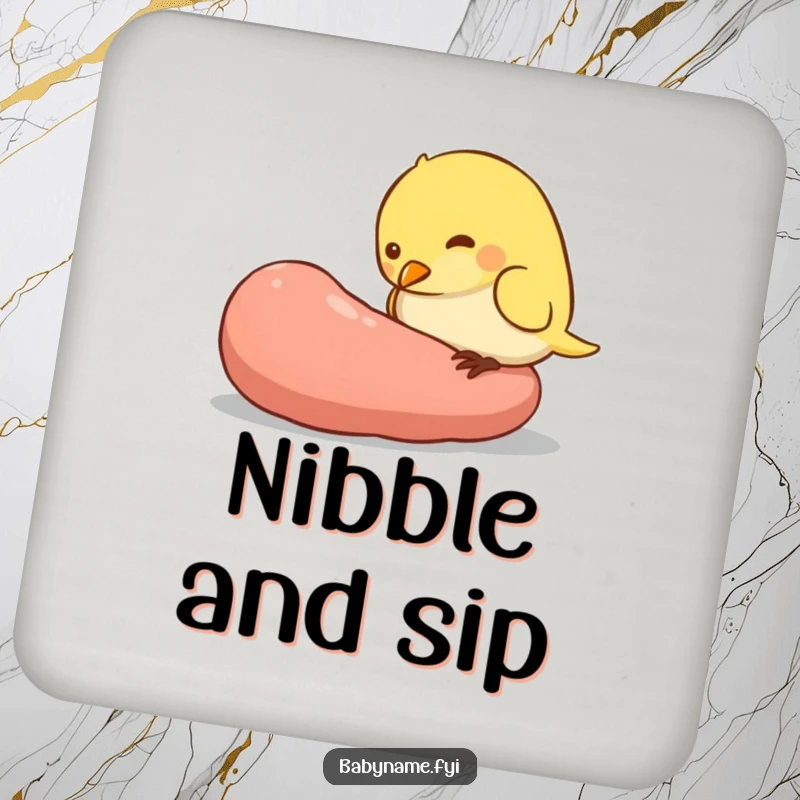 Funny drink coaster with a plump baby bird character pecking at a giant worm, protecting surfaces with humor and charm.
