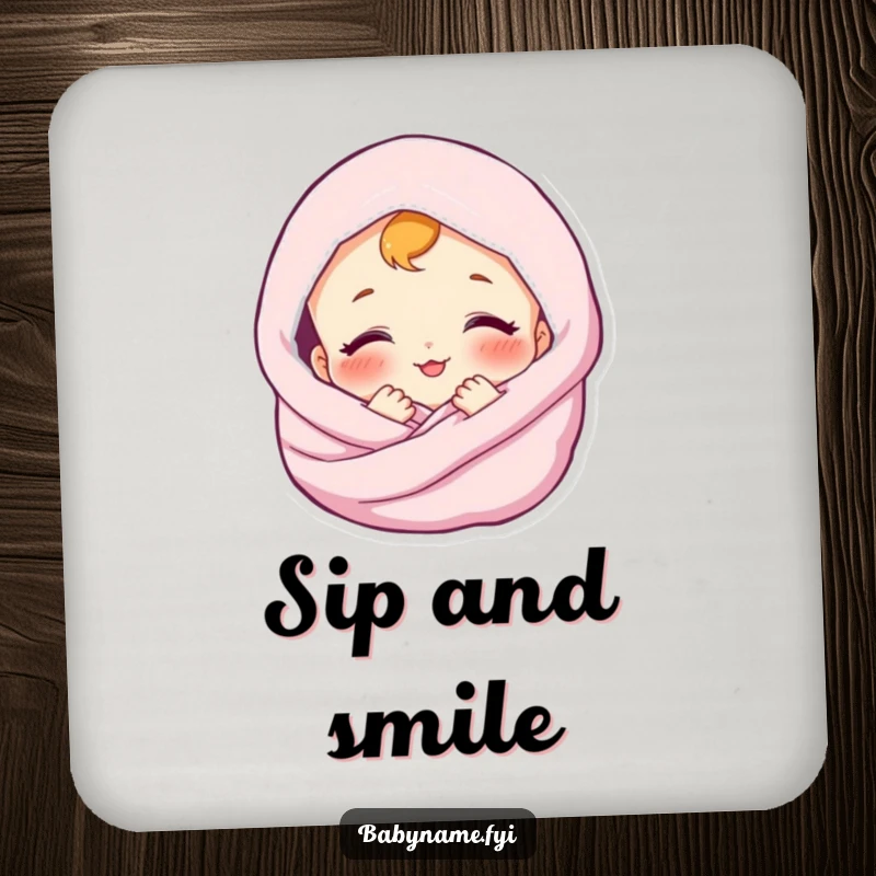Funny coaster with a contented baby smiling, wrapped in a soft blanket. Protects surfaces with cozy humor.