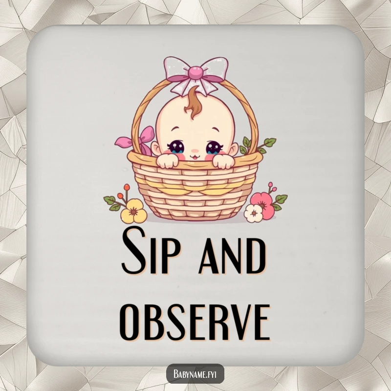 Funny baby peeking from a gift basket on a drink coaster, adding humorous protection and playful charm to surfaces.