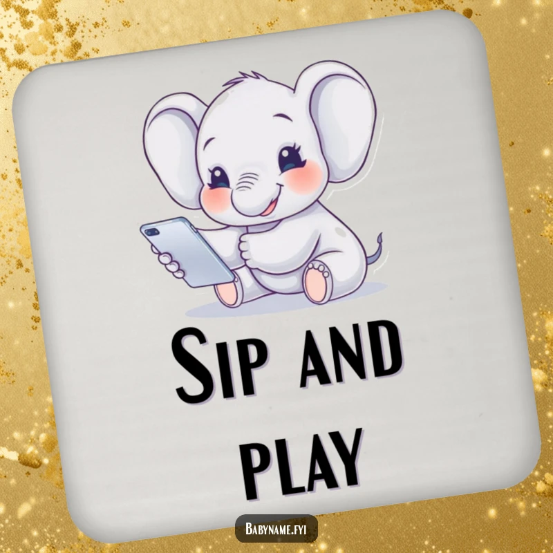 Funny Coaster featuring a smiling baby elephant reaching for a mobile, adding a sweet and humorous touch to surface protection.