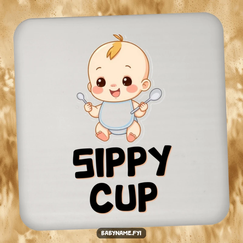 Funny baby coasters with a smiling baby character wearing a bib and holding a spoon. Humorous and adorable drink protection for parents.
