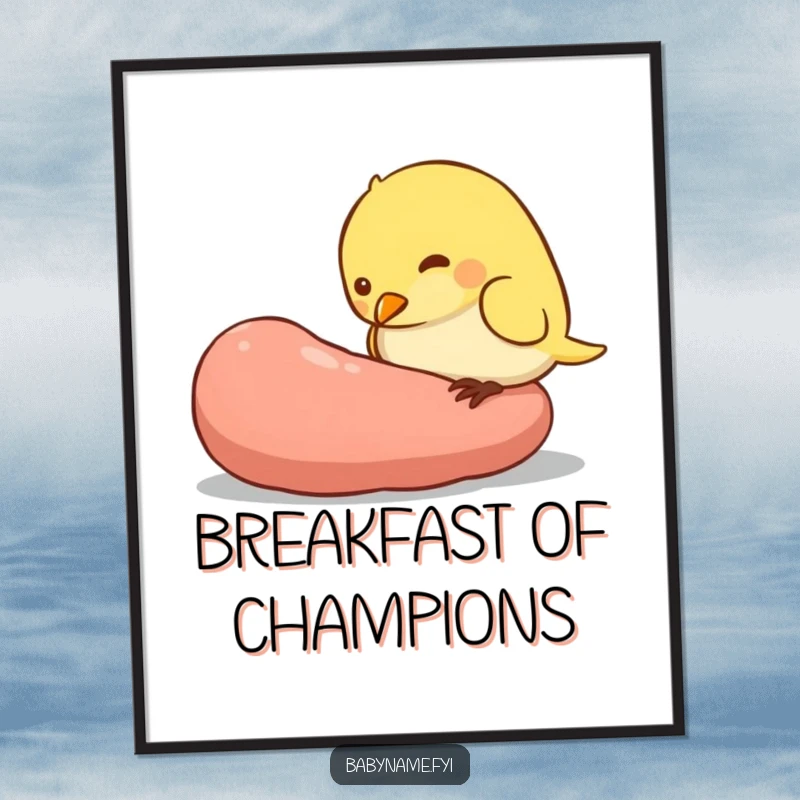 Funny poster print of a small, plump baby bird character aggressively pecking at a disproportionately large worm, a humorous depiction of hunger.