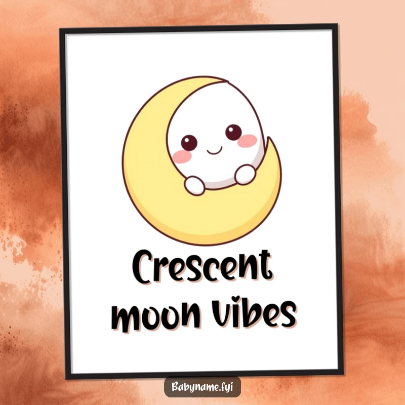 Funny smiling moon character peeking over a crescent moon shape, displayed as a charming and humorous celestial art print poster.