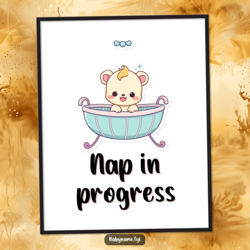 Funny baby animal character in a dynamic bouncing pose inside its cradle, capturing a moment of pure fun, wall art.