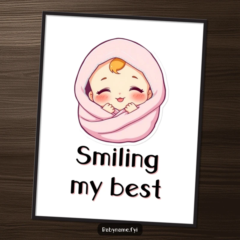 Funny poster of a contented baby smiling while wrapped in a soft blanket. Serene and heartwarming decor.