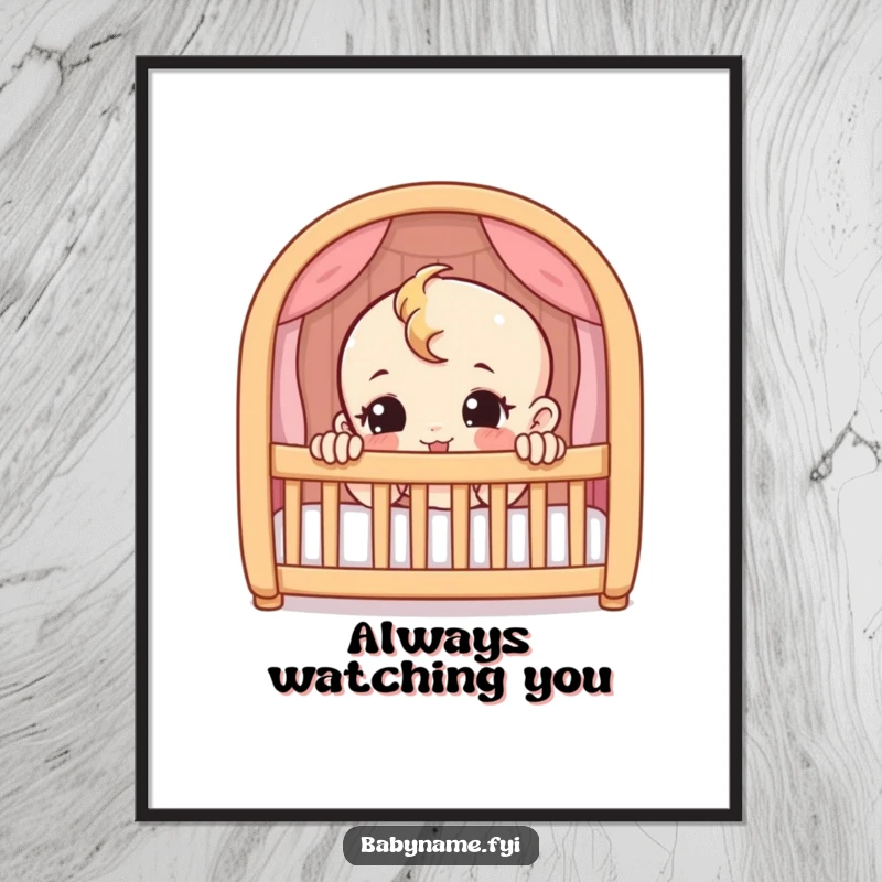 Funny poster of a mischievous baby character peeking from a crib. Adds playful charm to any wall.