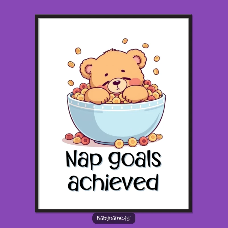 Funny Cereal Bear Poster: Teddy Bear Napping in Bowl, Whimsical Bedroom Art, Gift