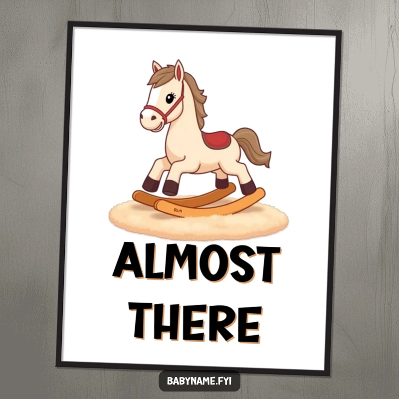 Funny rocking horse poster, wall art of tiny legs galloping, conveying humorous determination and effort.