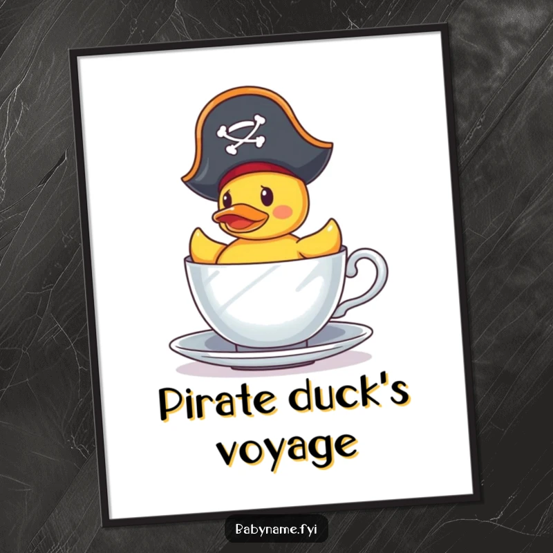 Funny Poster: A tiny rubber duck in a pirate hat courageously sails a teacup, embodying a humorous quest and nautical charm.