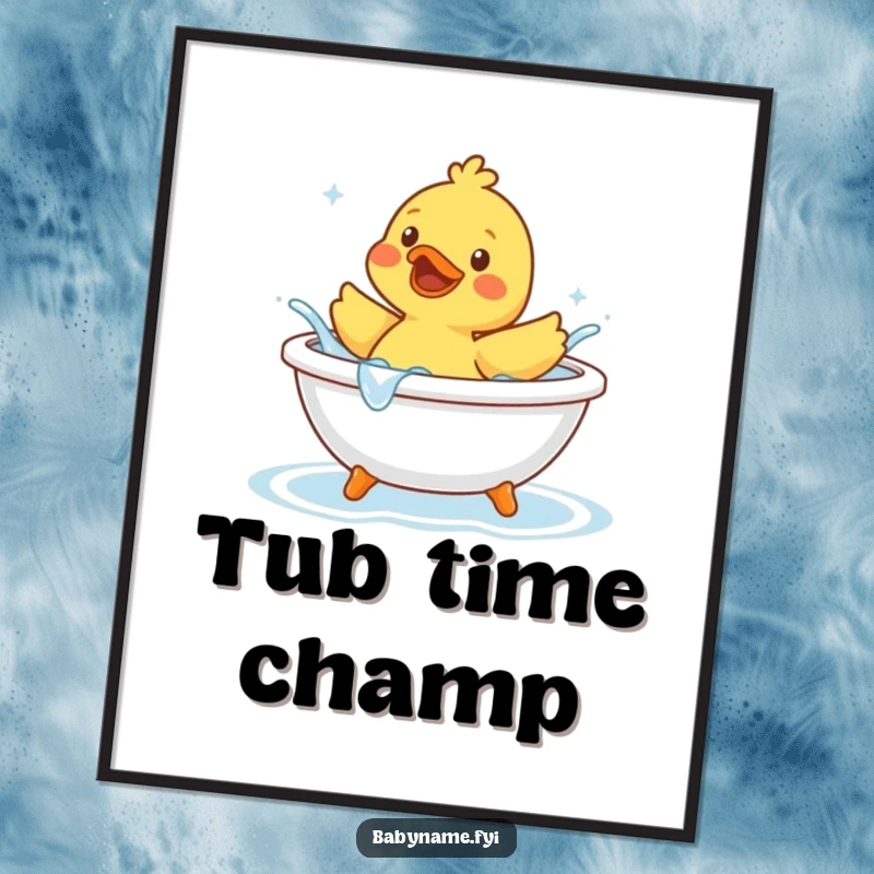 Funny rubber duck character joyfully splashing water in a tiny bathtub, displayed as a vibrant and humorous art print poster.