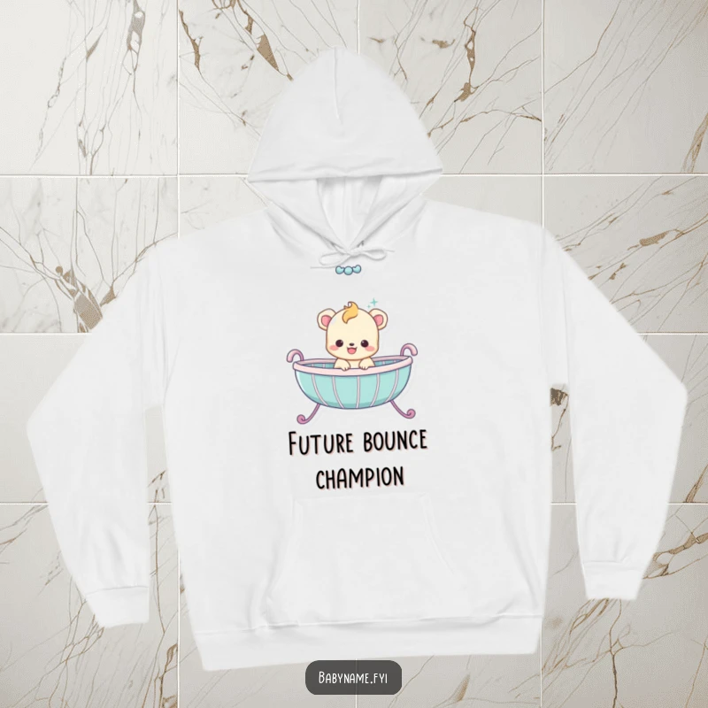 Funny baby animal character creating movement while bouncing inside a cradle, showcasing pure delight, ideal funny hoodie.
