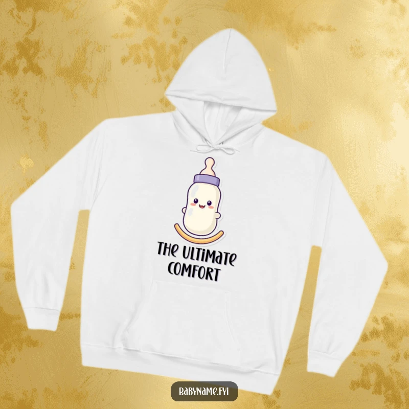 Funny baby bottle hoodie with a smiling face, gently rocking, offering comfort and humor for parents and caregivers.