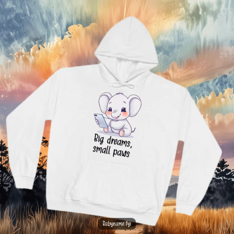 Funny Hoodie featuring a smiling baby elephant reaching for a mobile, offering warmth and a dose of sweet, gentle humor.