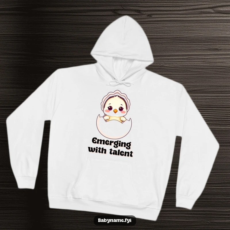 Funny Baby Bird Hoodie featuring a cute baby bird in a bonnet peeking from an egg, offering warmth, comfort, and adorable humor.