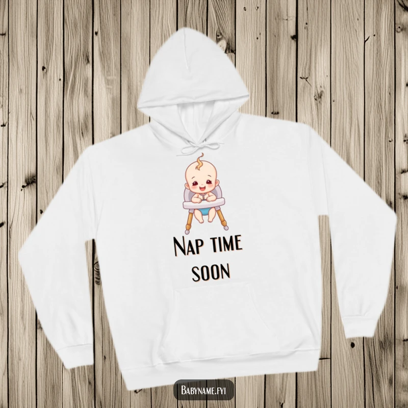 Funny Happy Baby Hoodie showing a cute baby sitting happily in a cozy high chair, offering warmth and whimsical fun.