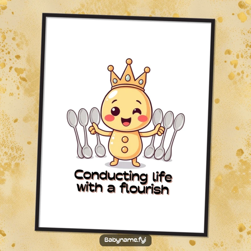 Funny Free Printable Wall Art: Cheerful rattle in crown leads spoon orchestra, a whimsical and amusing piece for any room.