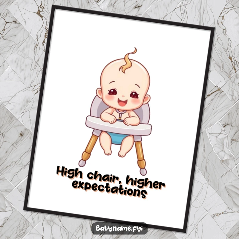 Funny Free Printable Baby Wall Art: A happy baby character sitting comfortably and smiling in a cozy, secure high chair.