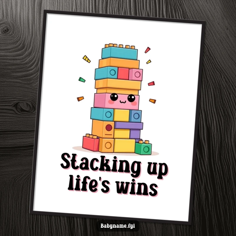 Funny Free Printable Wall Art: Confused stack of colorful blocks hilariously attempts to build itself, a chaotic masterpiece.