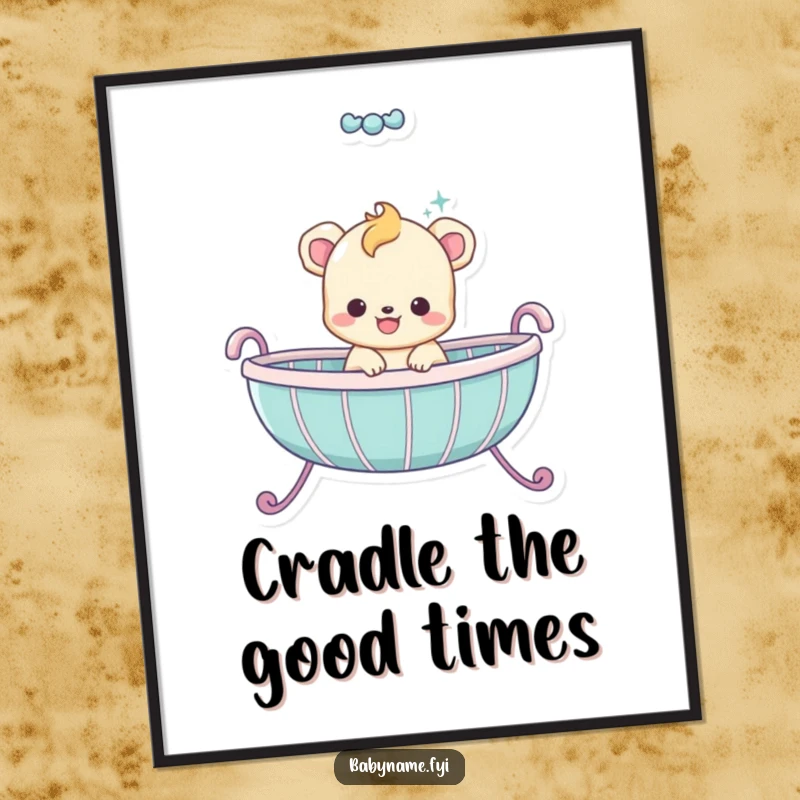 Funny Free Printable Wall Art: A charming baby animal bouncing with glee inside a cradle, cute decor.