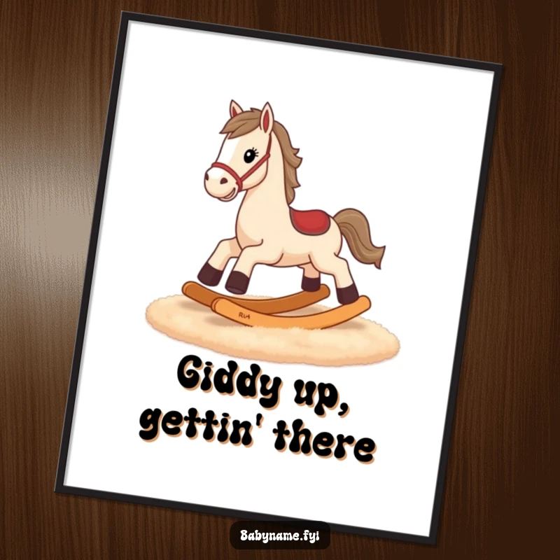 Funny Free Printable Wall Art: Determined rocking horse with tiny legs humorously tries to gallop across a rug, a comical scene.
