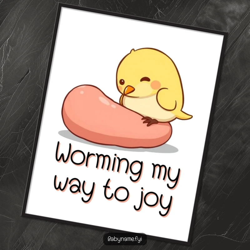 Funny Free Printable Wall Art of a small, plump baby bird character passionately pecking at a comically oversized worm.