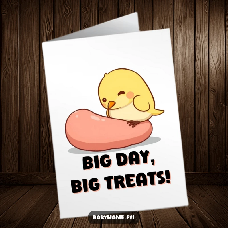 Funny Free Printable Birthday Card showing a determined, plump baby bird character eagerly pecking at an enormous worm.
