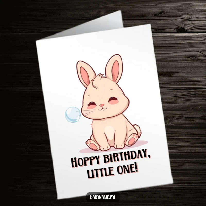 Funny Free Printable Birthday Card: Playful baby bunny blowing a large, iridescent bubble with a smile, celebrating a birthday.