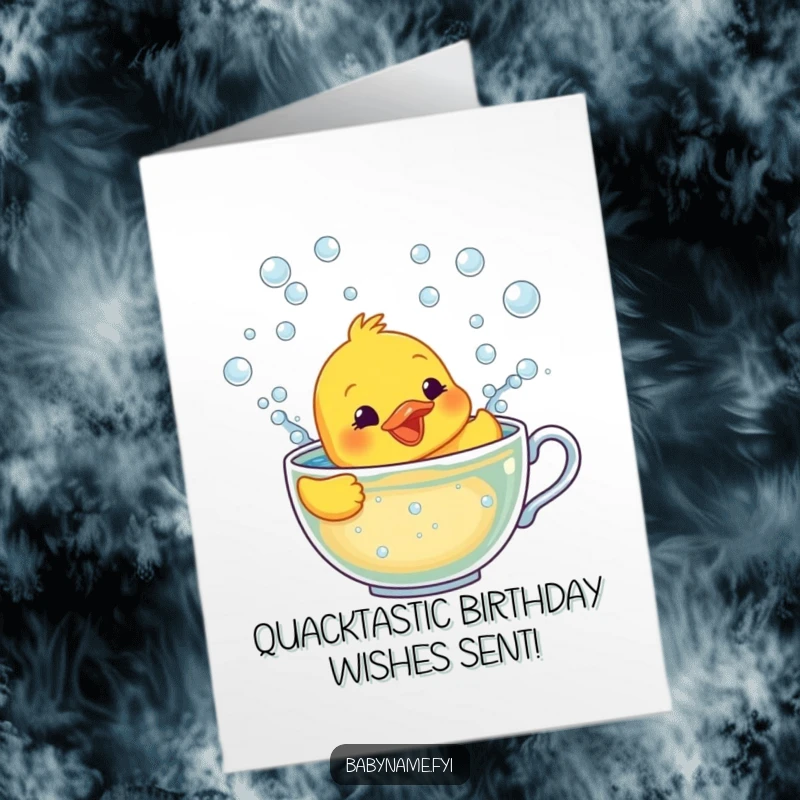 Funny Free Printable Birthday Card: Smiling rubber ducky frantically swimming in a teacup overflowing with white, foamy bubbles.