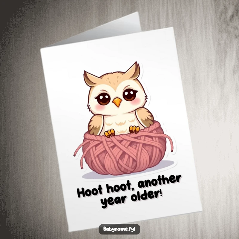 Funny free printable birthday card featuring a joyful baby owl peeking out from a cozy knitted nest, ready to wish someone a happy birthday.