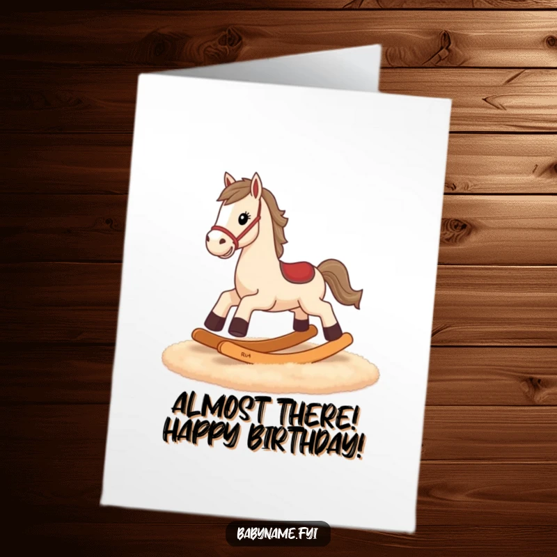 Funny Free Printable Birthday Card: Determined rocking horse with tiny legs gallops humorously across a rug, ready to party.