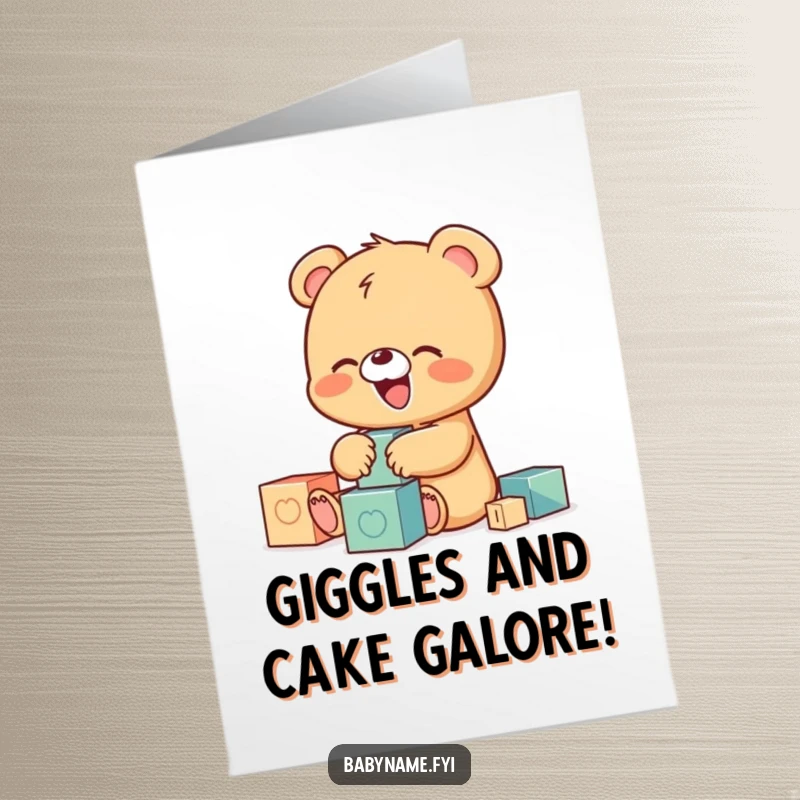 Funny Free Printable Birthday Card featuring a tiny, giggling baby bear character joyfully playing with colorful building blocks.