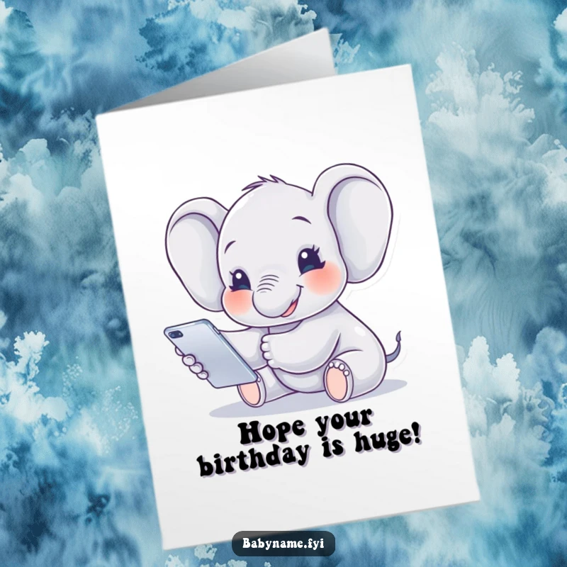 Funny Free Printable Birthday Card: Smiling baby elephant reaching up with its trunk towards a colorful mobile, celebrating a birthday.