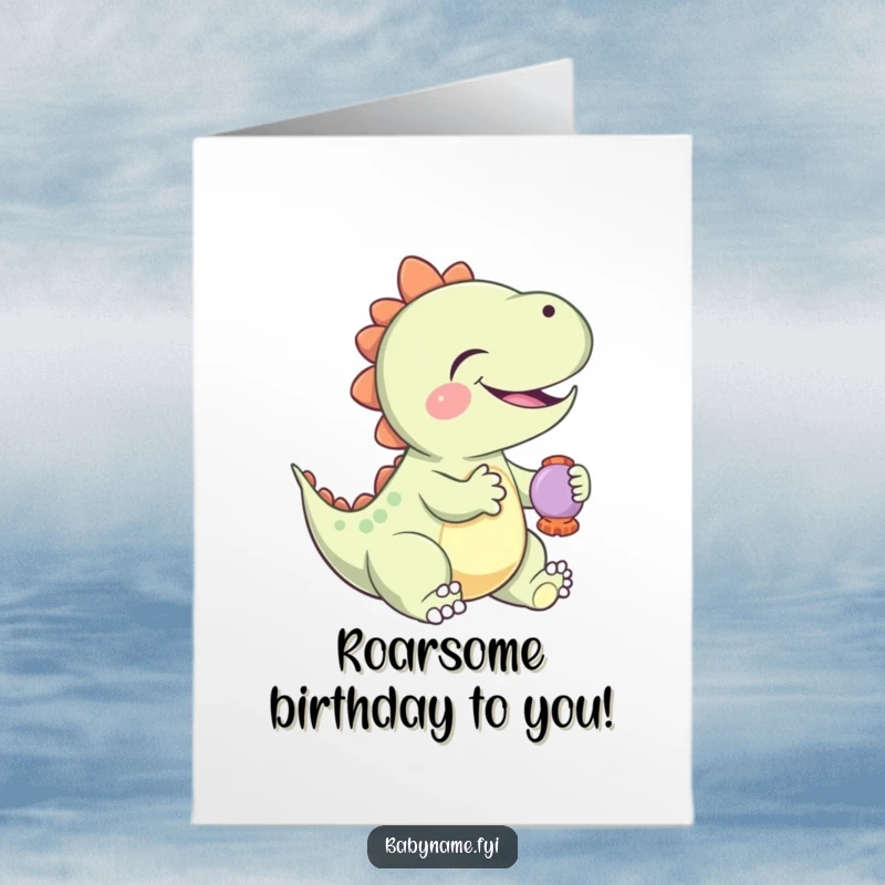 Funny Free Printable Birthday Card: Giggling baby dinosaur gleefully playing with a colorful rattle, celebrating a birthday with fun.