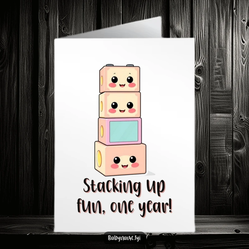 Funny Free Printable Birthday Card: A cheerful building block stacked high, ready to tumble, wishing happy birthday.
