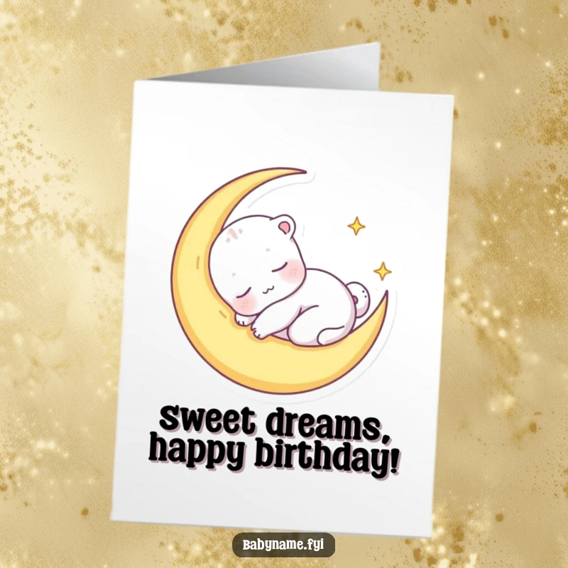 Funny Free Printable Birthday Card featuring a sleepy baby animal character peacefully snuggled within a glowing crescent moon.