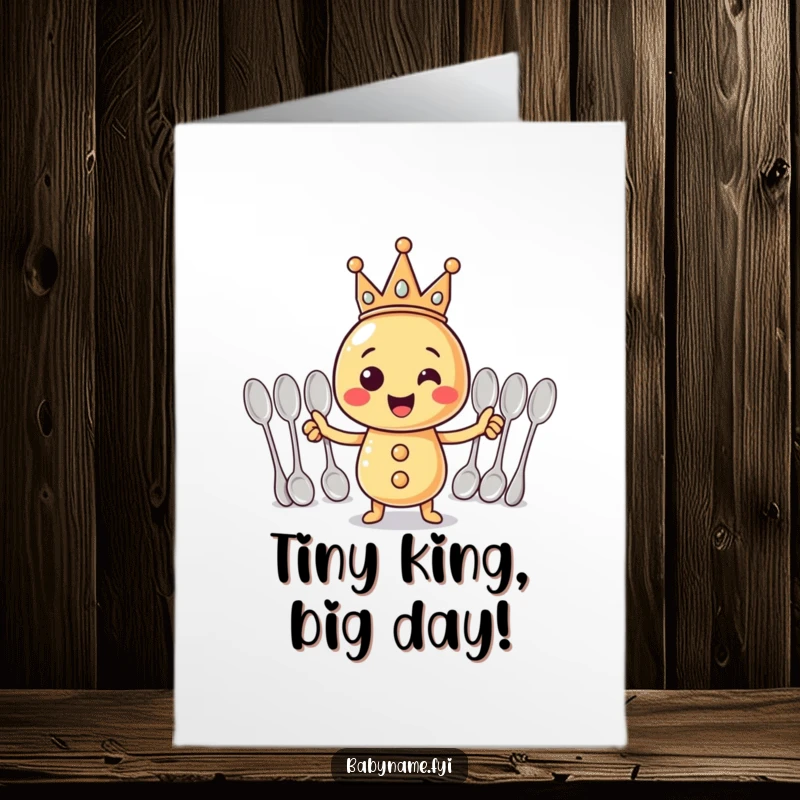 Funny Free Printable Birthday Card: Cheerful rattle with crown conducts spoon orchestra, bringing musical mayhem and birthday cheer.