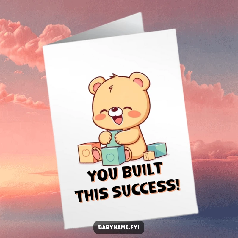 Funny Free Printable Congratulations Card showing a tiny baby bear cub giggling while stacking colorful blocks.