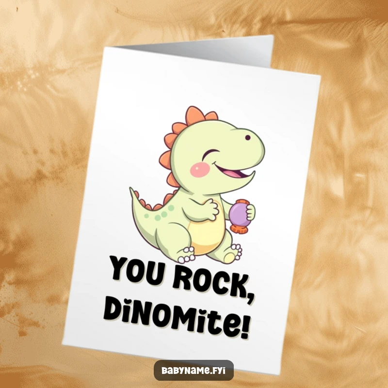 Funny Free Printable Congrats Card: Giggling baby dinosaur shaking a rattle, celebrating a great success with prehistoric glee.