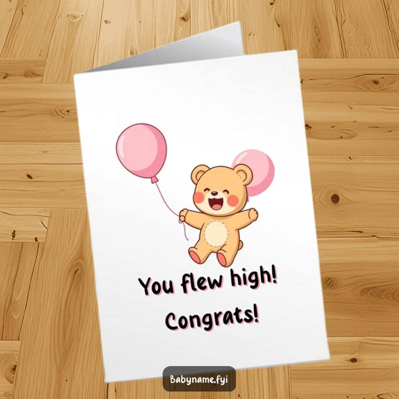 Funny Free Printable Congratulations Card: A giggling teddy bear floats high on a balloon, celebrating good news.