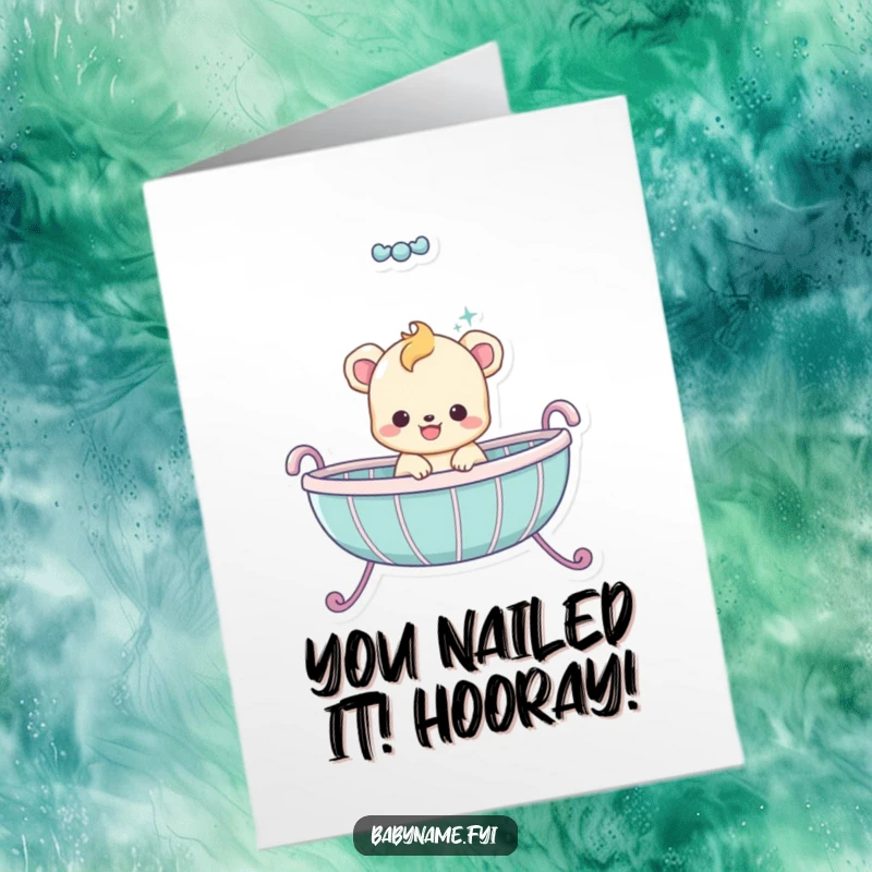 Funny Free Printable Congratulations Card: A cute baby animal bouncing happily in its cradle, celebrating success.