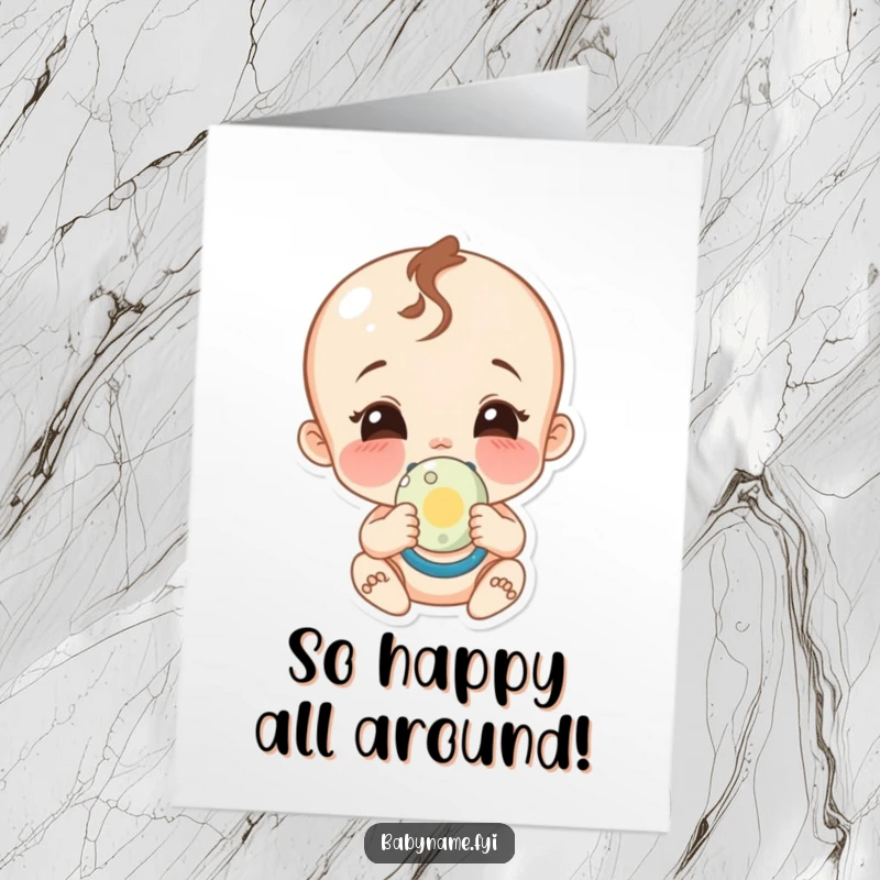 Funny Free Printable Congrats Card: Giggling baby character with a pacifier and a wide smile, a cheerful congratulations design.