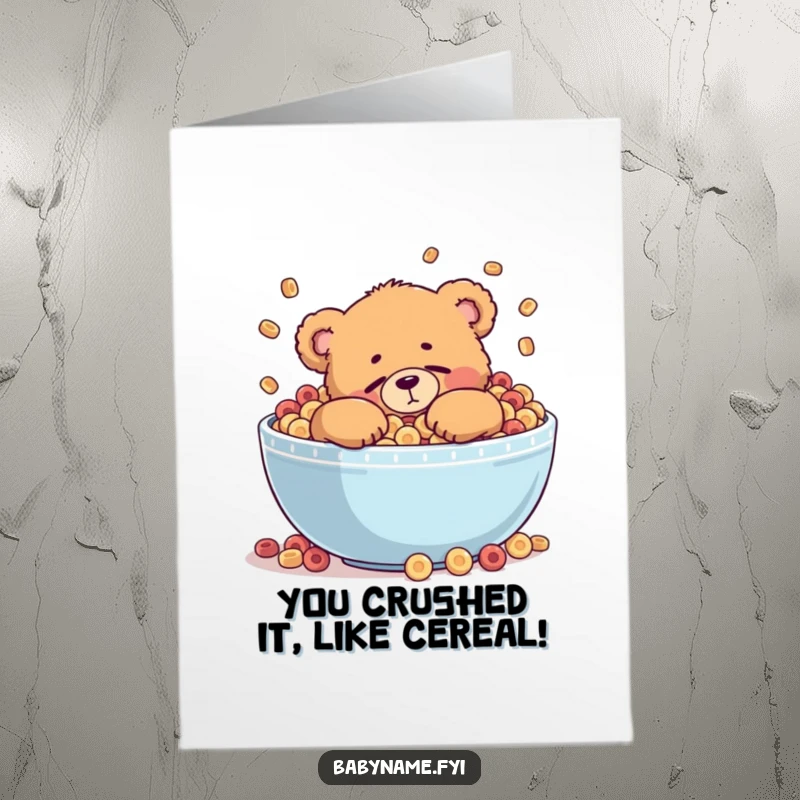 Funny Free Printable Congratulations Card: A chubby bear teddy bear dozing peacefully within a huge, brimming bowl of breakfast cereal.