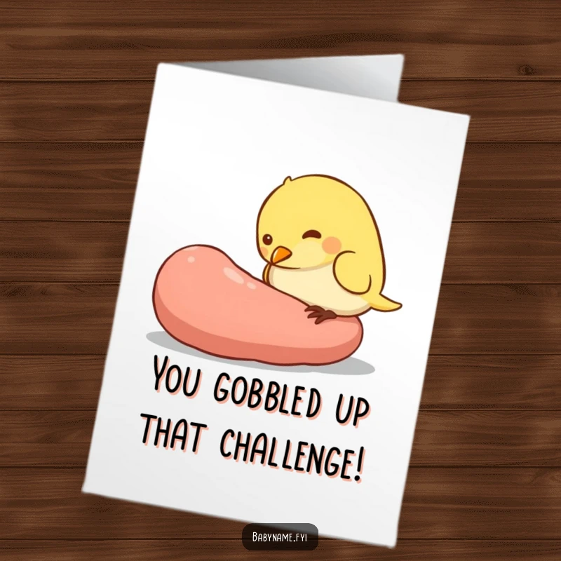 Funny Free Printable Congratulations Card featuring a small, plump baby bird successfully pecking at a giant worm.
