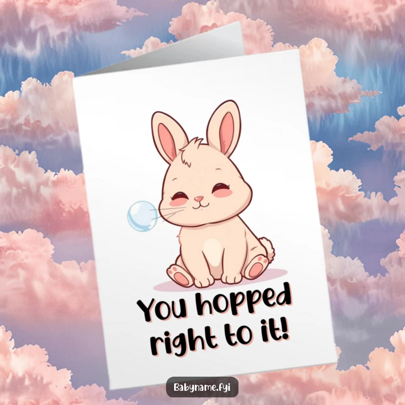 Funny Free Printable Congrats Card: Playful baby bunny blowing a bubble, representing a happy and successful moment.