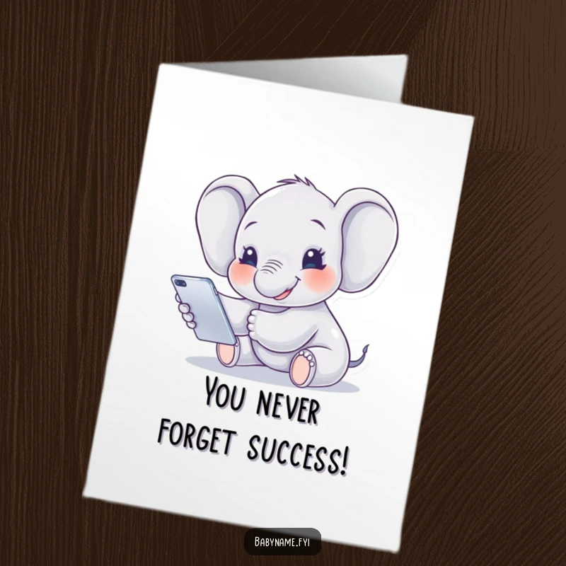 Funny Free Printable Congrats Card: Smiling baby elephant happily reaching for a hanging mobile, celebrating a new achievement.