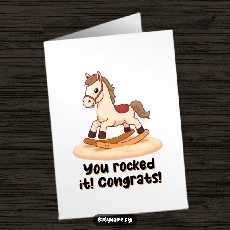 Funny Free Printable Congratulations Card: Determined rocking horse with tiny legs humorously attempts to gallop, celebrating your win.